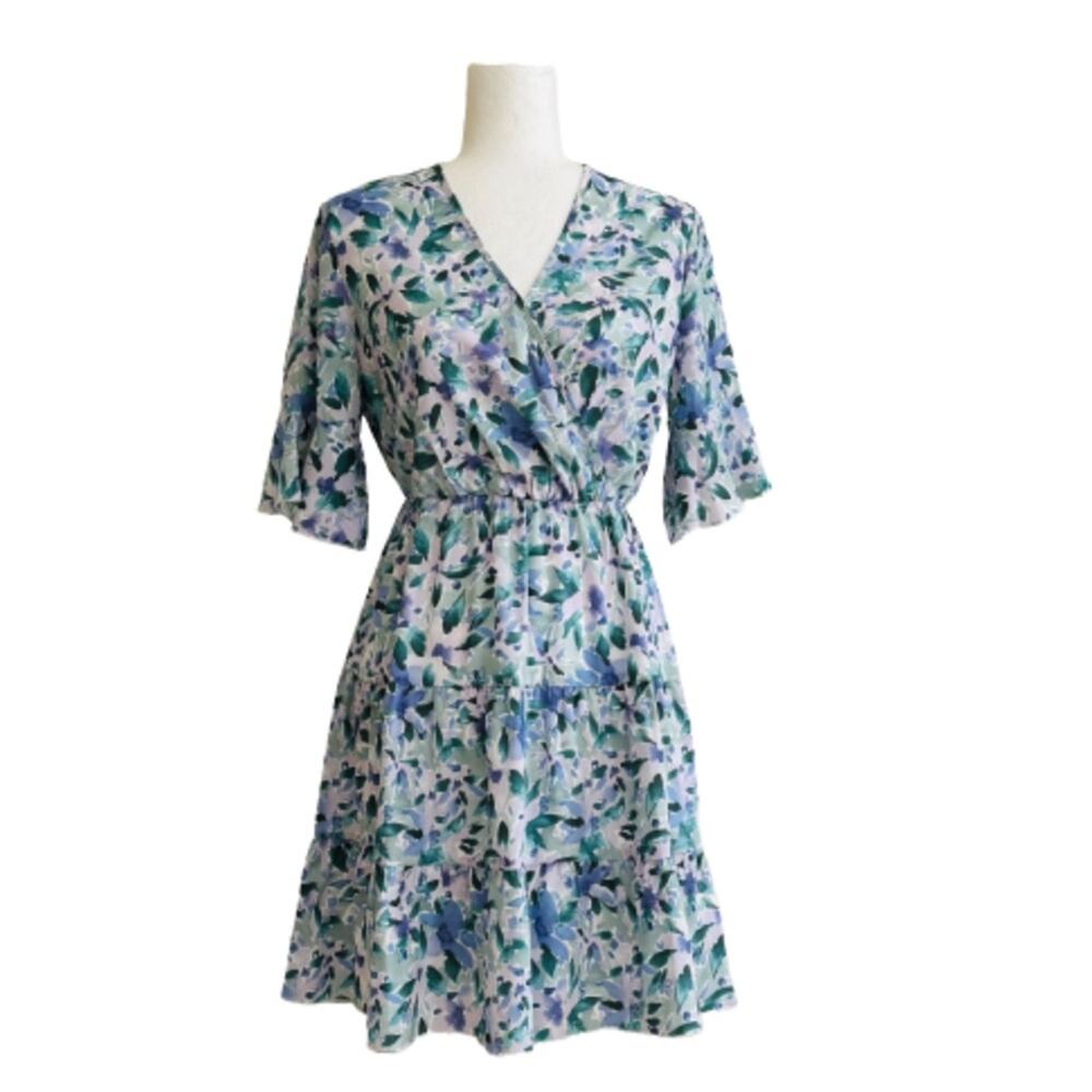 Anna-Kaci Dress Lavender Green Floral Flutter Short Sleeve Tiered Boho Small - Picture 15 of 15